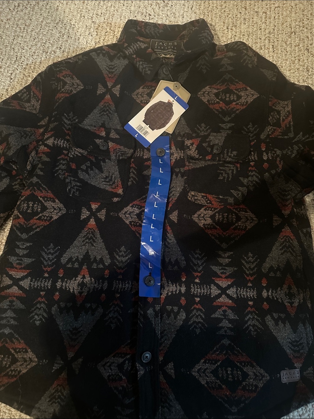 Jachs Black Shirt Jacket with Gray and Red Aztec Pattern